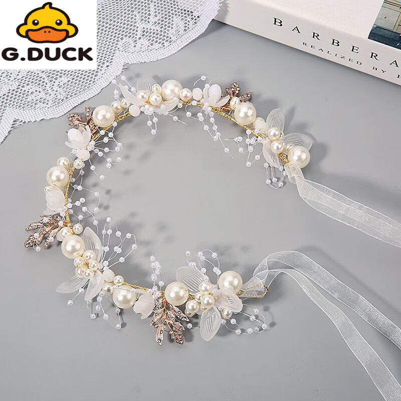 G.duck儿童头花饰品女童花环头饰小女孩花朵公主森女系韩国花童发饰演出 鹅毛单asx011+耳夹【款】