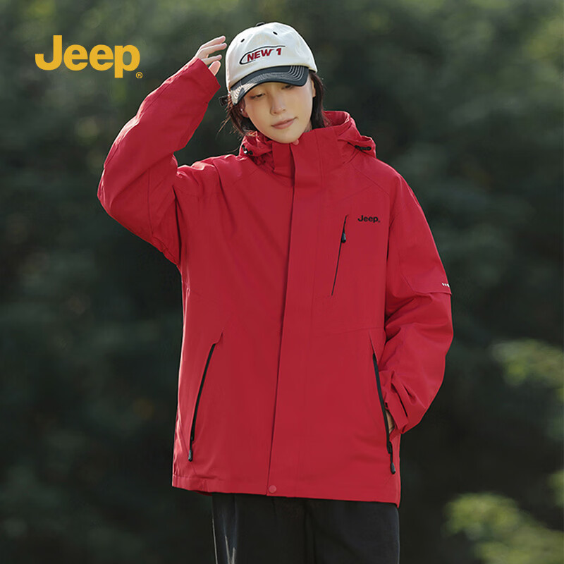 JEEP男装秋冬季新品男士户外运动三合一冲锋夹克上衣休闲连帽加绒外套 黑色 /抓绒内胆 4XL
