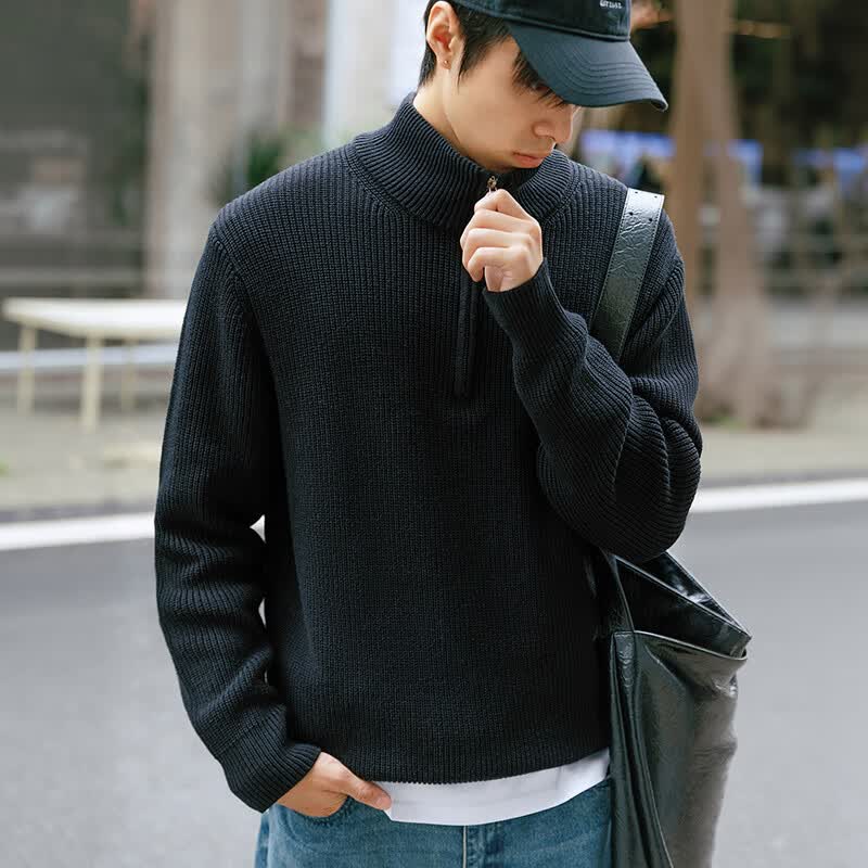 Mr.A 男装 立领半拉链POLO针织衫毛衣落肩袖半高领套头开领卫衣早春季 黑色 厚款 2XL