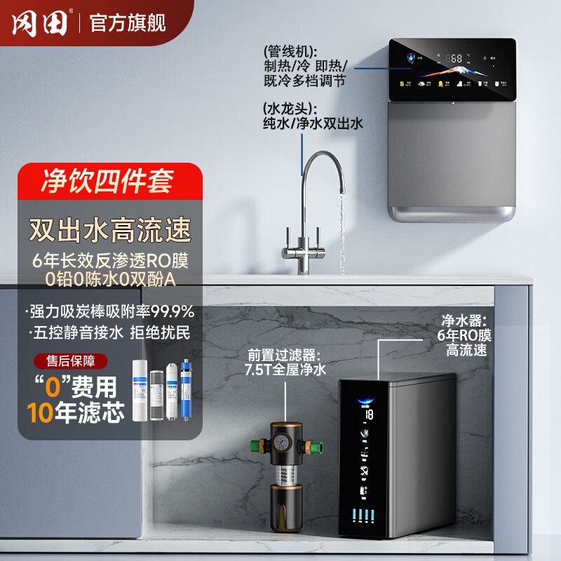 冈田(日本)净水器套装厨下式净水机 温热制冷直饮一体机 6年长效RO反渗透膜富含矿物质 母婴级直饮机 【黑色】净水器+前置过滤器+冷热管线机 1800G大流量