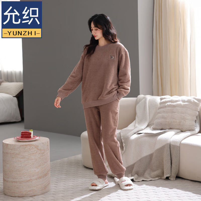 允织睡衣女士冬季半边绒加绒加厚套头女款高级感可外穿女款家居服套装 82803-暖茶咖 M (160) ：建议90-110斤穿着