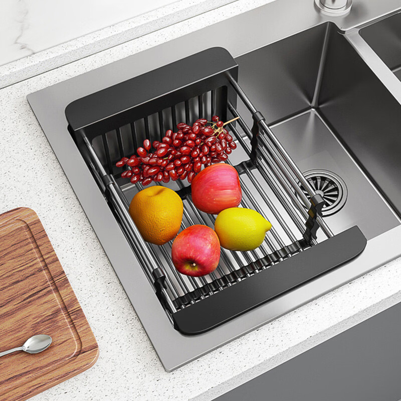 咏幻精工厨房沥水架水槽边洗碗池上方过滤网碗架304不锈钢可伸缩 [多功能款]304沥水篮大号黑色抹布架（槽边材质：