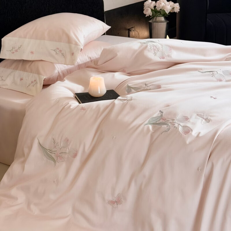 ROLAND LIVE长绒棉绣花四件套轻奢风被套床单全棉卧室三件套透气四季春季套件 LB 长绒棉套件-悦己如花粉色 2.0米床 床单款 【被套220*240cm】