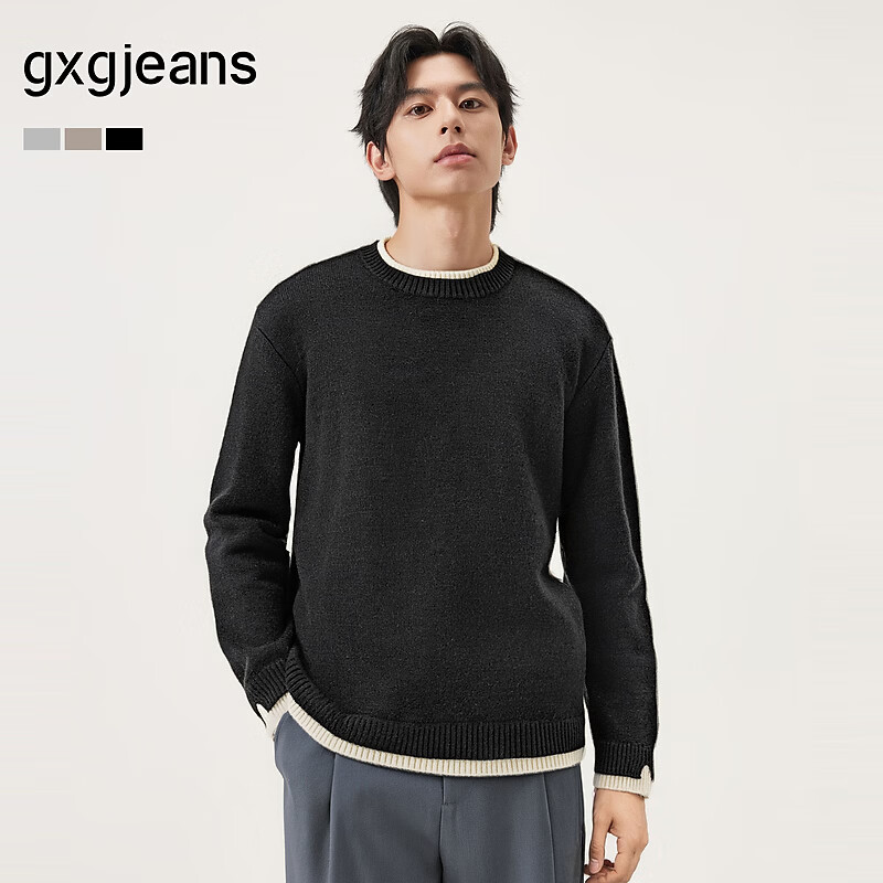 gxgjeans男装 假两件休闲时尚打底圆领毛衣针织衫 25年冬新品 黑色 XL (180)