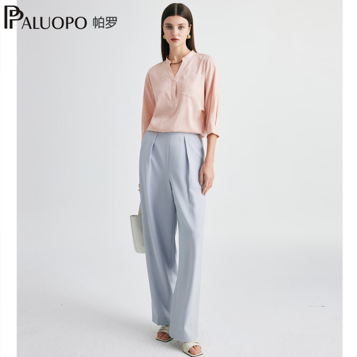 帕罗(PALUOPO)新中式国风短袖T恤女2026夏季新款真丝提花缎面透气休闲上衣 浅粉 XL 170/92A