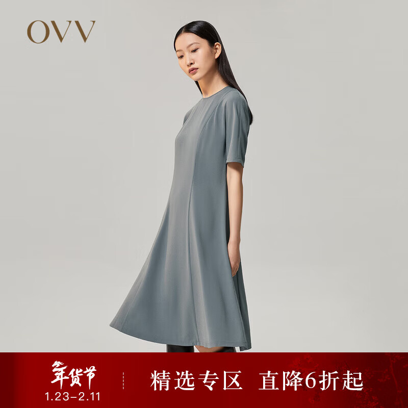 OVV【日本进口三醋酸】OVV秋冬热卖女装简约舒适圆领短袖连衣裙 中灰A1 M
