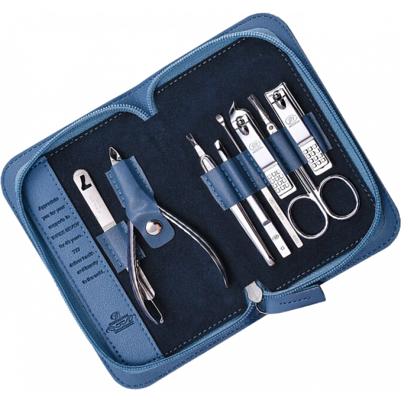 777（THREE SEVEN）韓國777指甲刀斜口指甲剪挖耳勺套裝死皮推修眉毛夾指甲銼死皮鉗 TSG-1528_藍(lán)色【八件套】