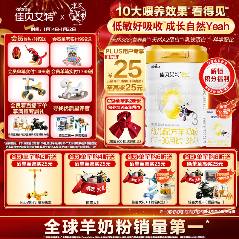 佳贝艾特（Kabrita）悦白婴幼儿配方羊奶粉 3段(1-3岁)806g 天然A2蛋白