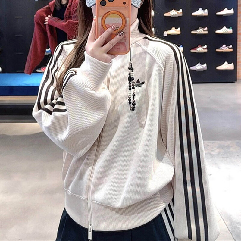 阿迪达斯（adidas）女装春季新款KNIT BALOON TT运动服复古针织夹克运动宽松立领外套 KQ5490/奇妙白 M