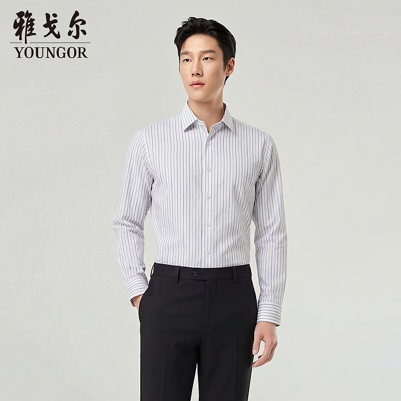 雅戈尔（YOUNGOR）长袖衬衫男棉弹混纺DP免烫衬衫缎纹质地抗皱挺括有型2026新品 卡其条纹VLDD114783YBY 40 （175/92Y）