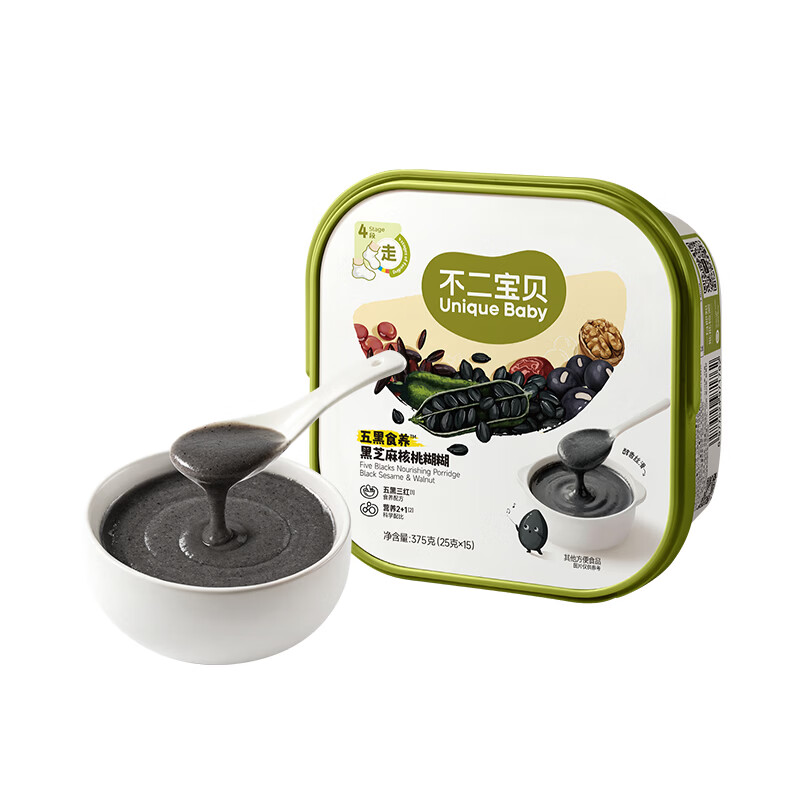 不二宝贝五黑芝麻糊糊黑米粉搭无糖婴儿幼儿童喝的粥辅食营养早餐 【2桶30条赠乳酸菌奶棒36g】五黑糊糊 375g*2罐