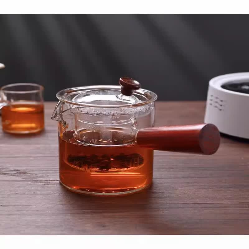 【厂家直销】现货高硼硅耐热加厚直觉侧把煮茶壶功夫茶具套装木把 透明直觉单壶