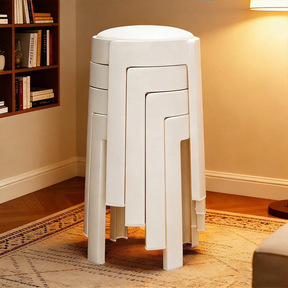 诗元奶油风白色餐椅可叠放软包塑料凳子家用加厚圆凳结实耐用高凳椅子 奶油白-软包坐垫【防污耐磨 久坐不塌】