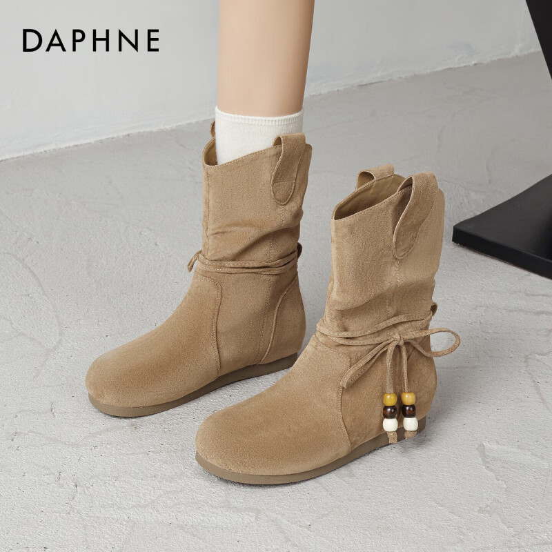 达芙妮美拉德勃肯短靴女2025新款复古中筒马丁靴堆堆靴西部牛仔靴 卡其色 37