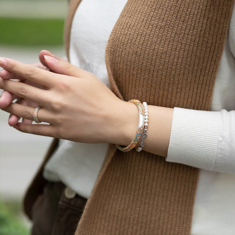 银手镯珐琅彩蜀锦 海棠花9999描金镂空开口手环新代购 蜀锦手镯(约22g±1g)