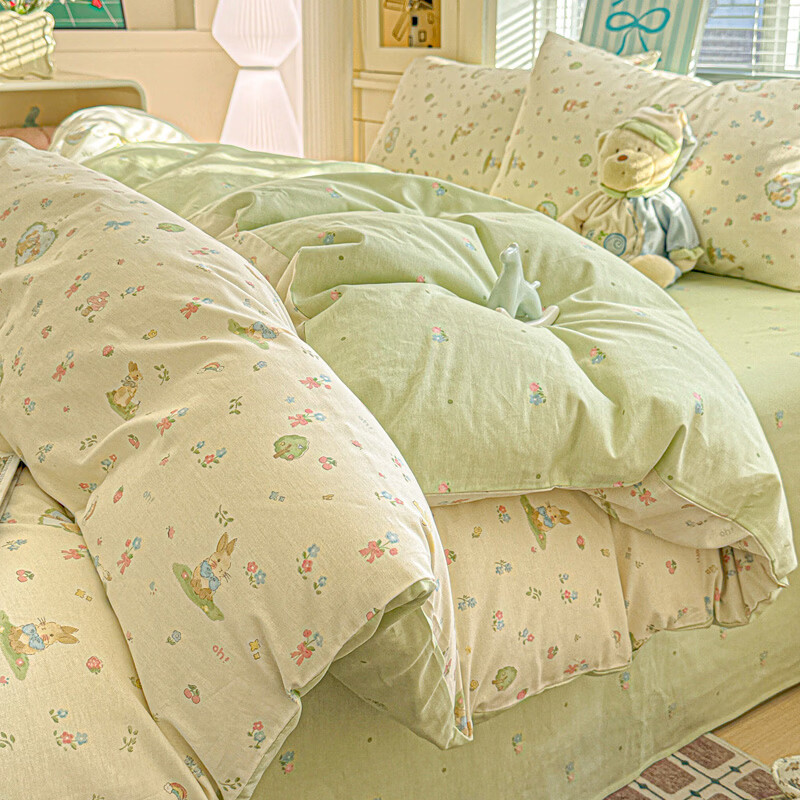 无印良品100%全棉床上四件套纯棉小清新家用床单被套床笠款宿舍床品三件套 蘑菇电话【全棉面料 细腻柔软】 2.0m 床单款 四件套-被套200x230cm