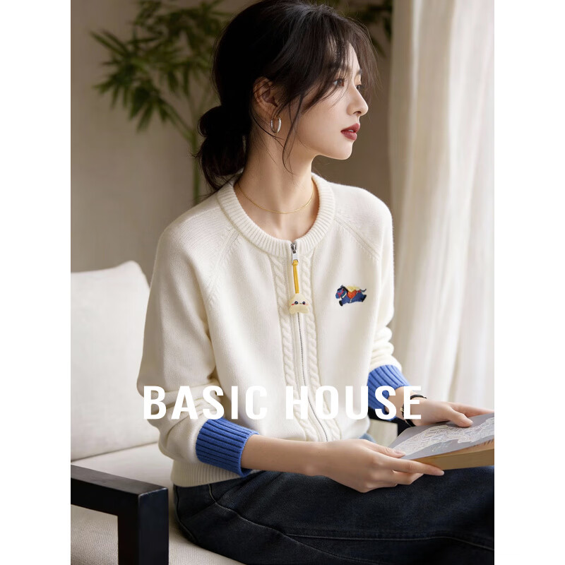 百家好（Basic House）Basic House/百家好小马提花撞色开衫毛衣女冬季2025新款拉链上衣 米白 M 110-125斤