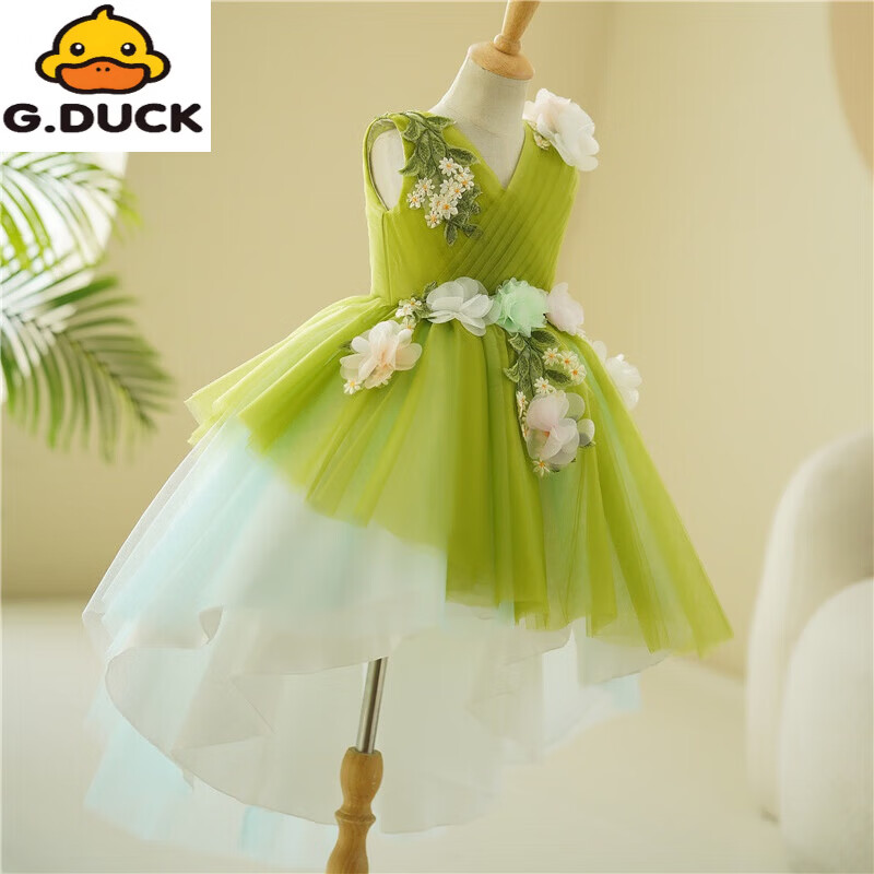 G.duck儿童公主裙走秀森系花仙子女童生日礼服主持人六一小女孩演出服夏 绿色送皇冠 150 cm
