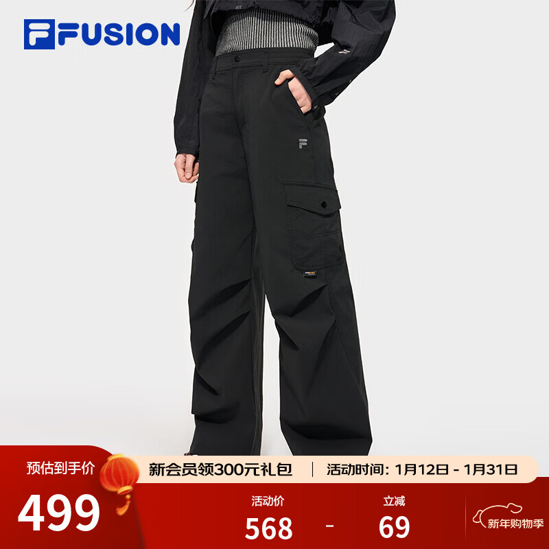 FILA FUSION斐乐潮牌梭织长裤女秋季新款时尚休闲宽松工装裤 正黑色-BK M 165/66A/M
