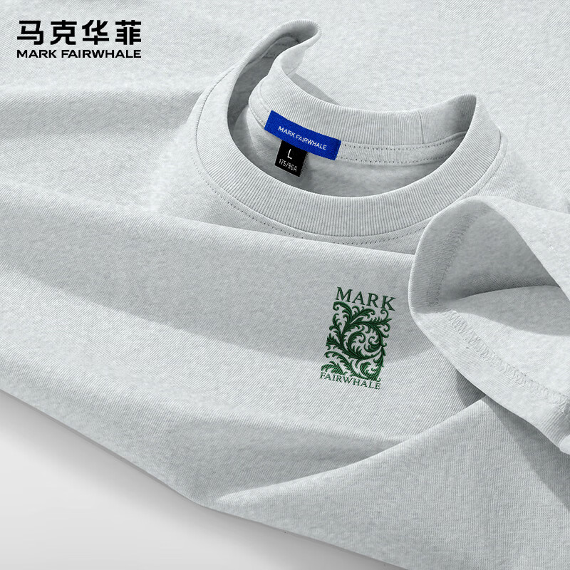 马克华菲（MARK FAIRWHALE）男士短袖T恤重磅纯棉220克夏季新款透气吸汗运动宽松体恤衫男生潮 灰#卷草纹标 M