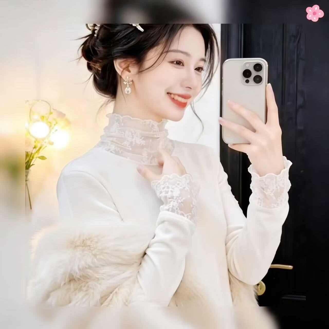 爆款磨毛拼接网纱蕾丝打底衫女内搭长袖洋气纯欲风修身上衣女小衫 白色 4XL 【建议135-145斤】