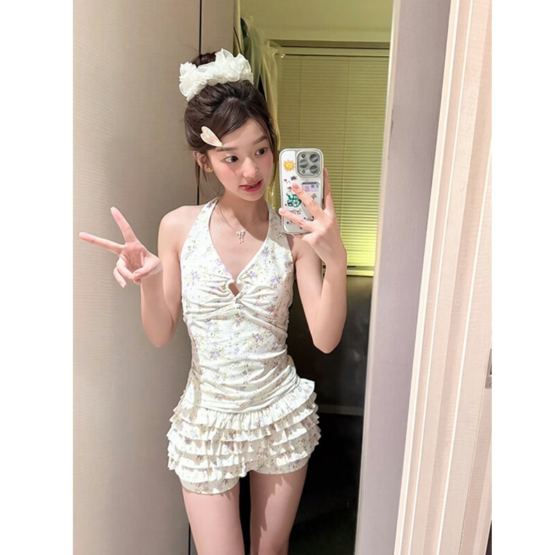恬饰泳衣女2026新款高级感爆款碎花分体纯欲风显瘦遮肚大小胸温泉泳装 泳衣女【碎花挂脖】两件套 均码 【建议80-115斤】