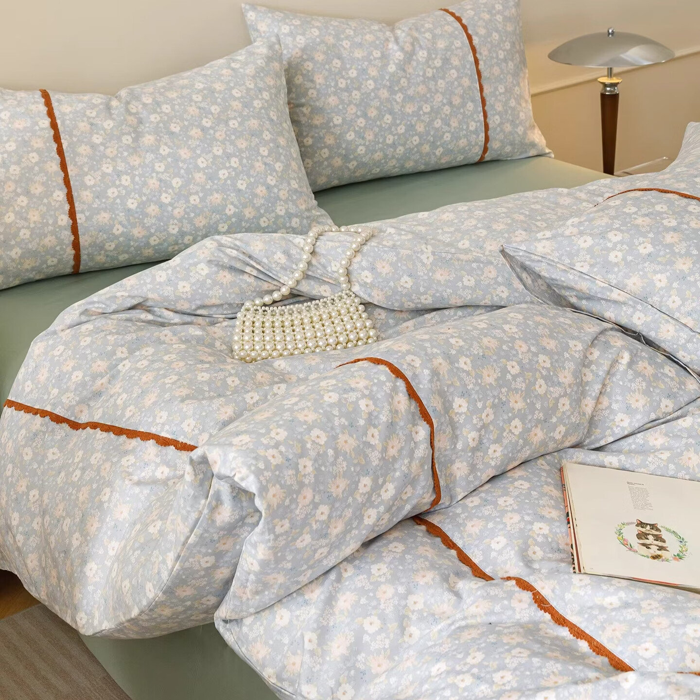 苏萱法式田园小碎花全棉床上四件套纯棉蕾丝花边被套床单巨好看的床品 蓝调花册 1.8m 床单款 四件套-被套200x230cm