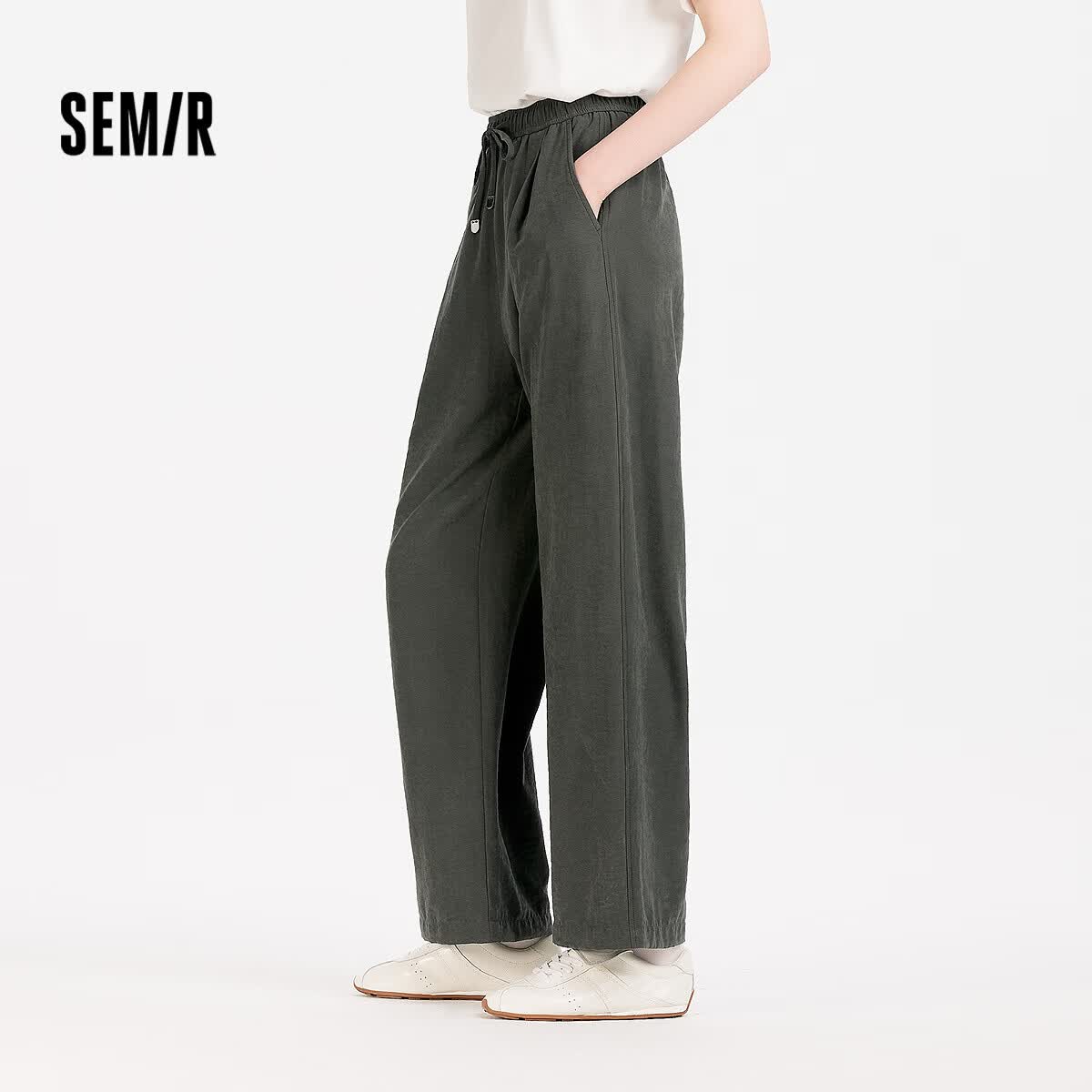 森马（Semir）休闲裤女夏打褶肌理宽松阔腿松紧腰慵懒软糯奶芙101325127018A