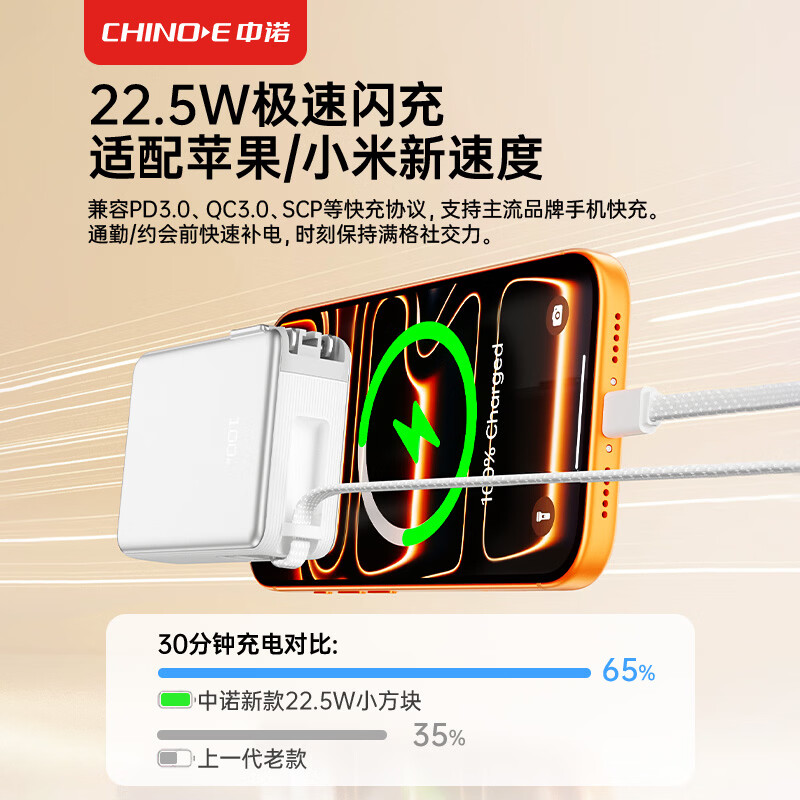中诺(CHINO-E)【国家3C安全认证 可上飞机高铁】充电宝10000毫安自带插头自带线小巧便携移动电源适用苹果小米 极光银【1万毫安+AC插头+自带线】
