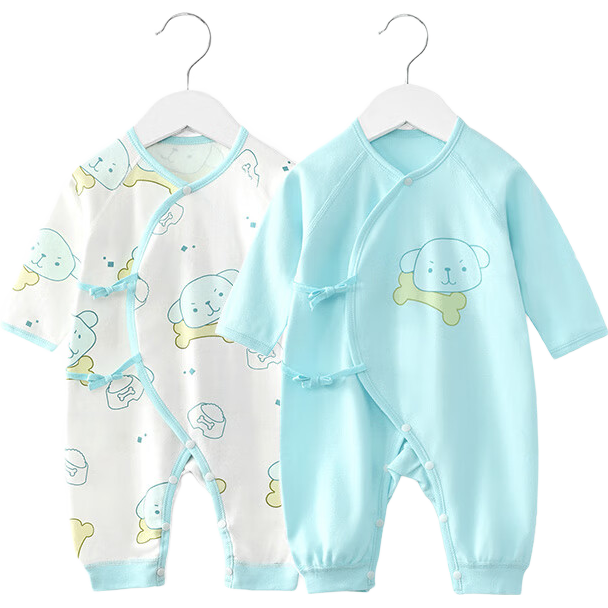 舒貝怡2件裝嬰兒衣服秋季薄款寶寶純棉連體衣新生兒蝴蝶衣0-3個月哈衣 小狗綠色 52cm