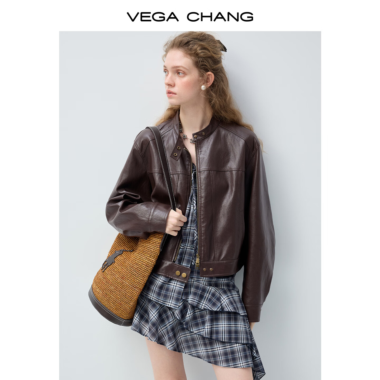 VEGA CHANG皮衣短外套女小个子2026年新款春装布朗尼酷飒风皮夹克 琥珀棕 S