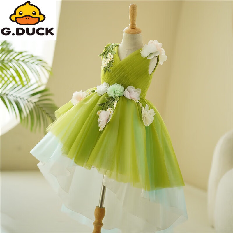 G.duck儿童公主裙走秀森系花仙子女童生日礼服主持人六一小女孩演出服夏 绿色送皇冠 150 cm