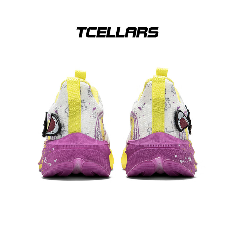 Tcellars跑步鞋春季2026新款透气运动鞋男鞋厚底耐磨减震回弹青少年跑鞋 荧光紫黄 39