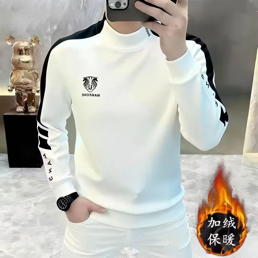 男士冬季新款时尚加绒款印花高品质休闲百搭卫衣打底衫男 白色【加绒款】 L (115-130斤)