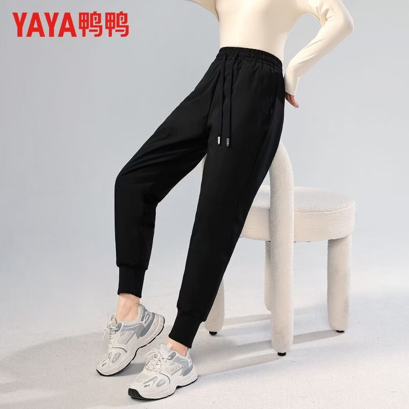 鸭鸭(YAYA)保暖鹅绒羽绒裤冬季黑色大码束脚运动男女同款休闲长裤潮 黑色(鹅绒) L 100-120斤