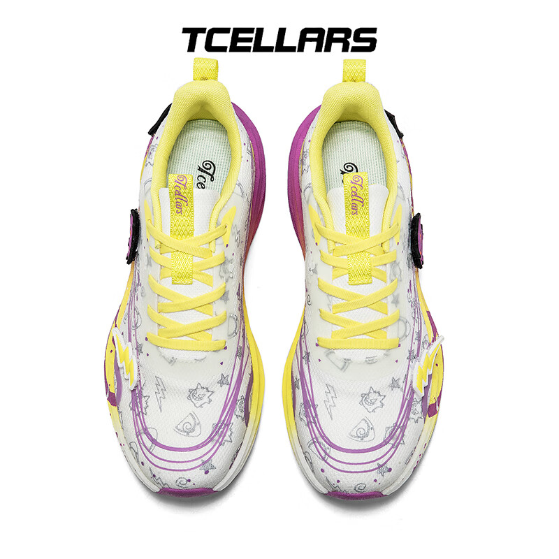 Tcellars跑步鞋春季2026新款透气运动鞋男鞋厚底耐磨减震回弹青少年跑鞋 荧光紫黄 39