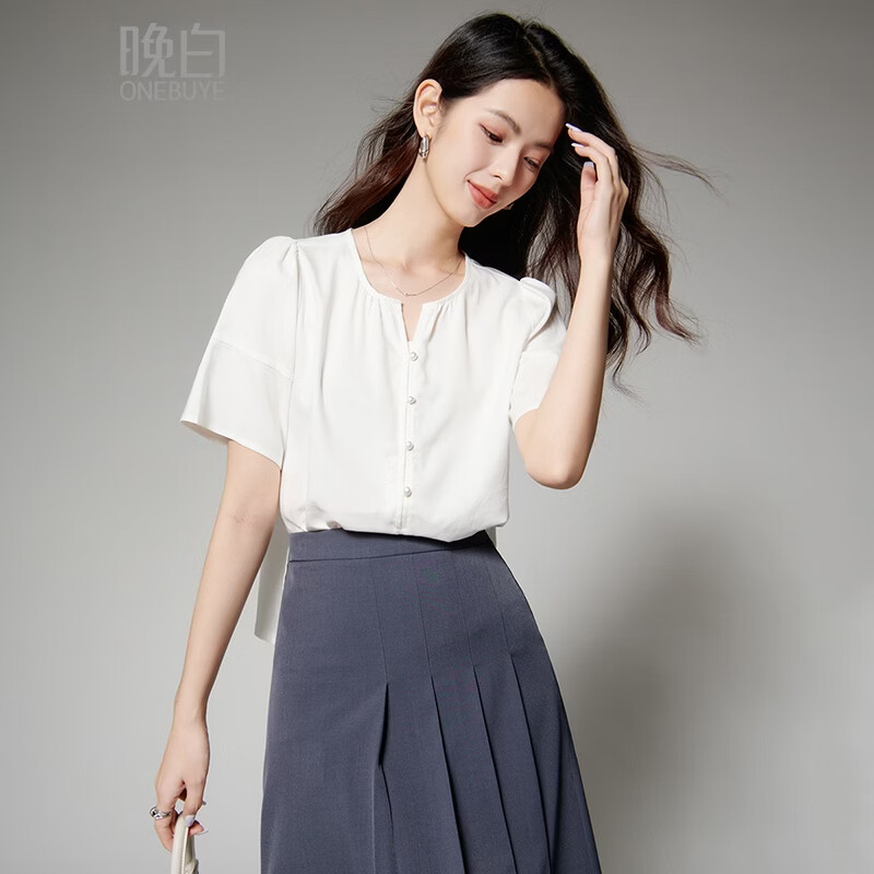 晚白【新品】2026年夏款经典V领棉麻上衣亲肤柔软轻薄透气衬衫女 白色 M