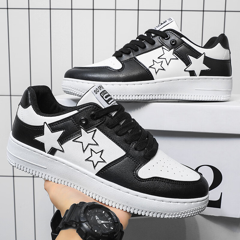 西域骆驼（VANCAMEL）男鞋板鞋男低帮休闲鞋运动鞋轻便百搭鞋子皮面黑白熊猫dunk小白鞋 【官方正品 质量保证】黑色配色 44