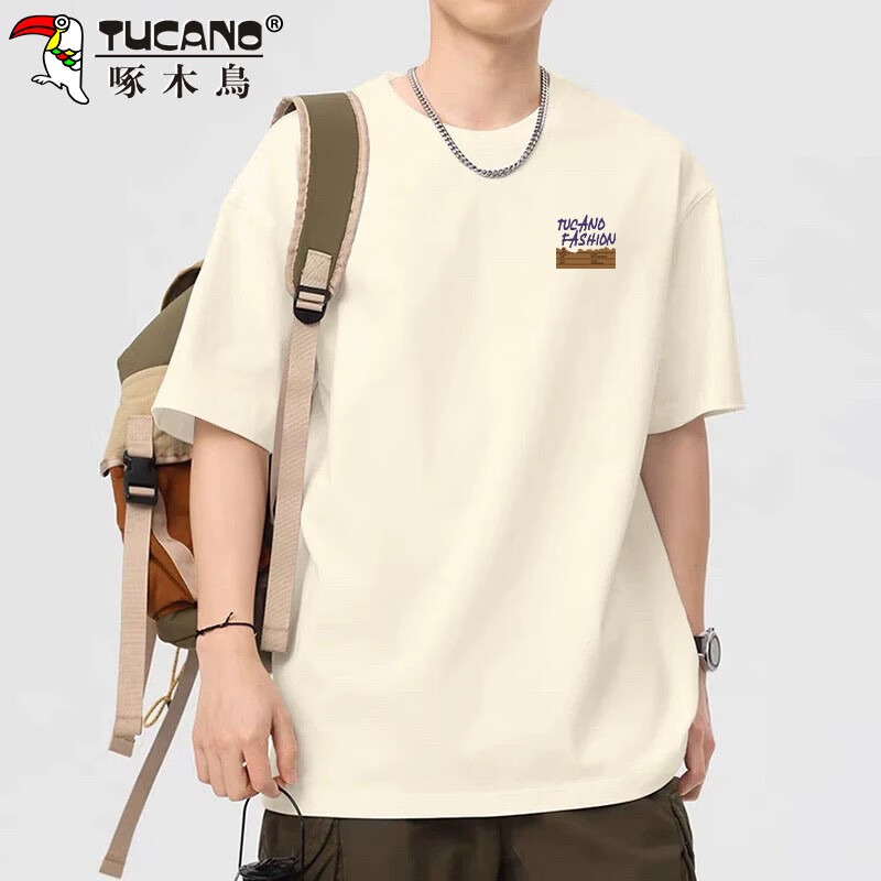 啄木鸟（TUCANO）短袖男春夏季t恤男宽松休闲打底衫纯棉美式重磅上衣服 杏色 XL