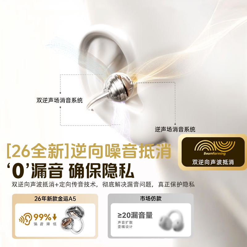 金运【全网舒适第一名】A5蓝牙耳机耳夹式骨传导概念开放式不入耳无线运动跑步通话降噪续航翻译 【哑光白】影院全景音丨超舒适不漏音