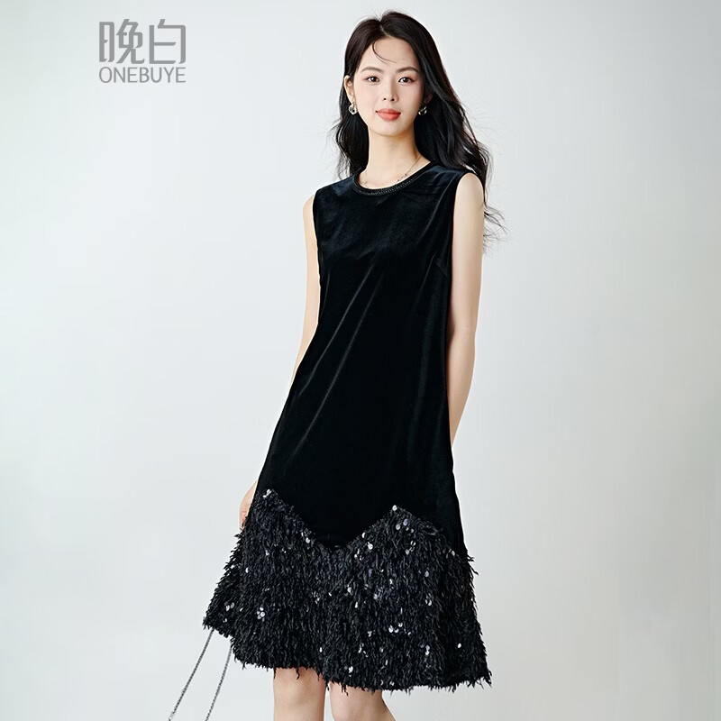 晚白丝绒亮片显瘦钉珠背心裙2026春款时尚优雅轻礼服轻奢无袖连衣裙 黑色 M