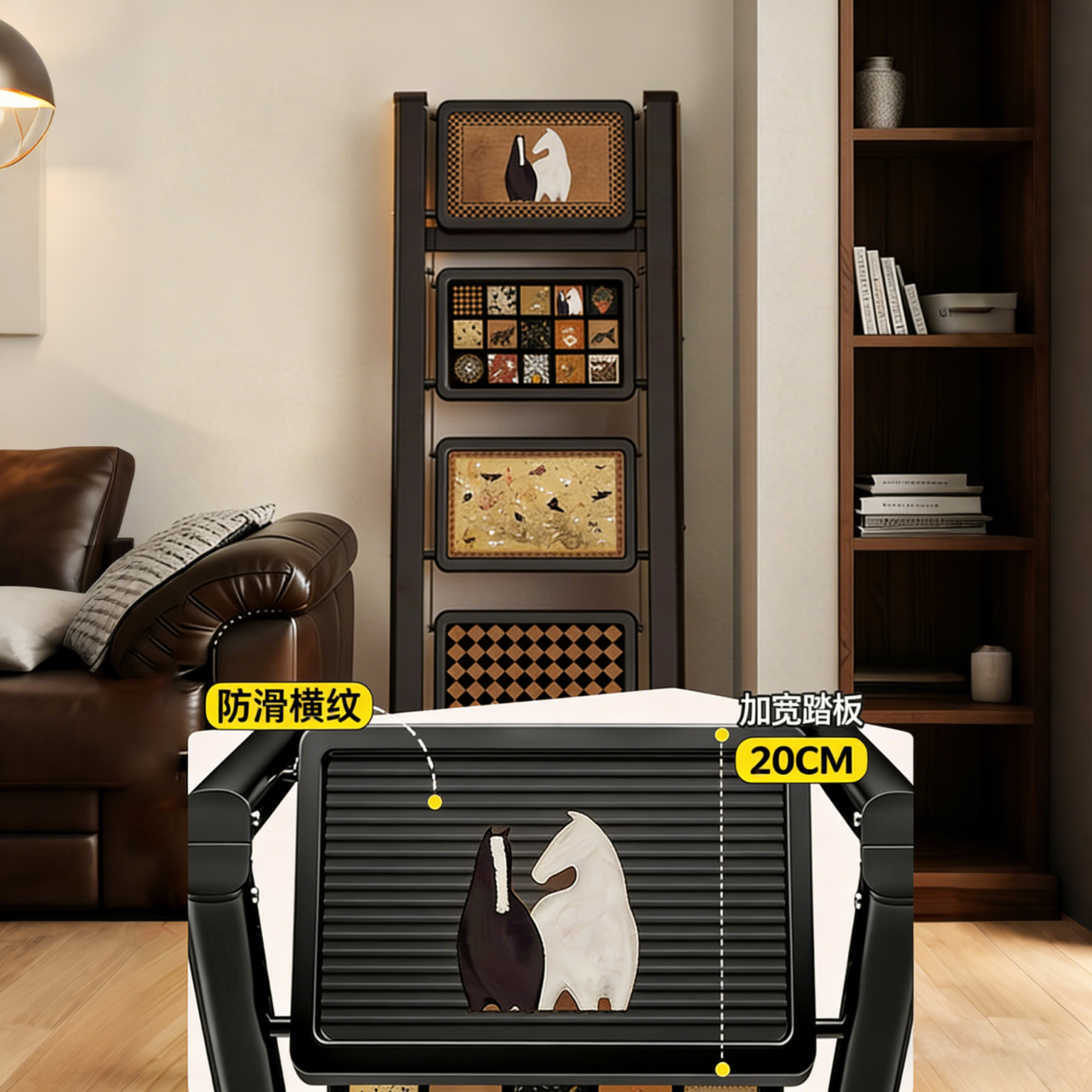 沂居家用折叠中古风梯子复古小梯子室内便携人字梯防滑加厚 复古氛围黑色二步梯【微喷印花耐磨不褪色】登高装饰