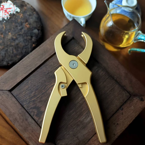 茶钳铝合金功夫茶具开茶钳子普洱茶开茶饼茶砖开口器自动回弹撬茶 新款金黄色茶钳【礼盒装】 金黄色