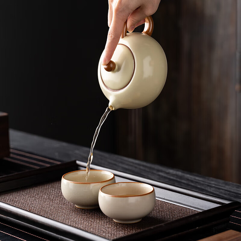 韵化汝窑西施壶高颜值茶壶办公室简约泡茶壶公司商务活动伴手礼 天青花瓣茶壶+流苏礼盒