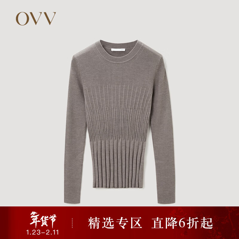 OVV秋冬热卖女装丝羊毛竖条纹肌理圆领休闲长袖针织衫 驼色（净色）B2 L