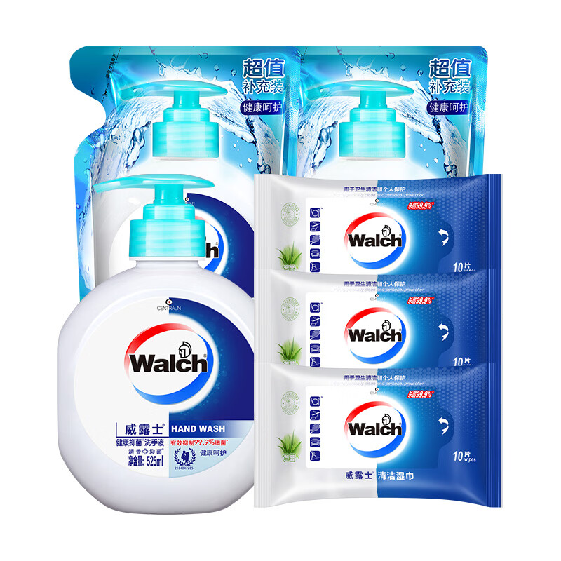 威露士（Walch）威露士健康抑菌洗手液健康呵护525ml+袋装525ml*2+湿巾10片*3 525ml*1瓶+525ml*2袋+湿巾10片*3