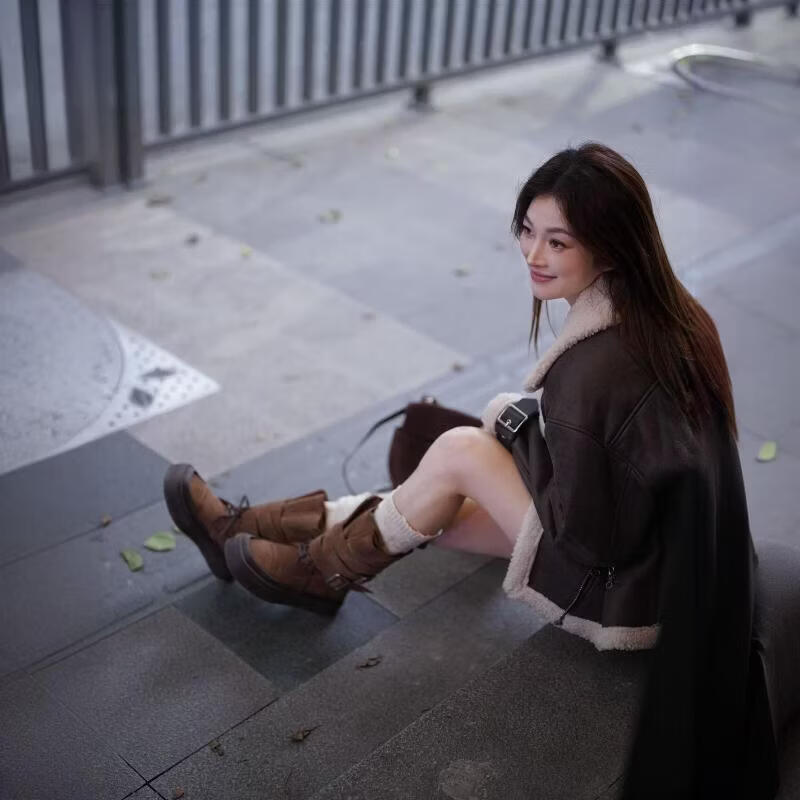 共迹gongji【童谣同款】厚底马丁靴女显瘦堆堆短靴复古西部靴子 栗棕色 37