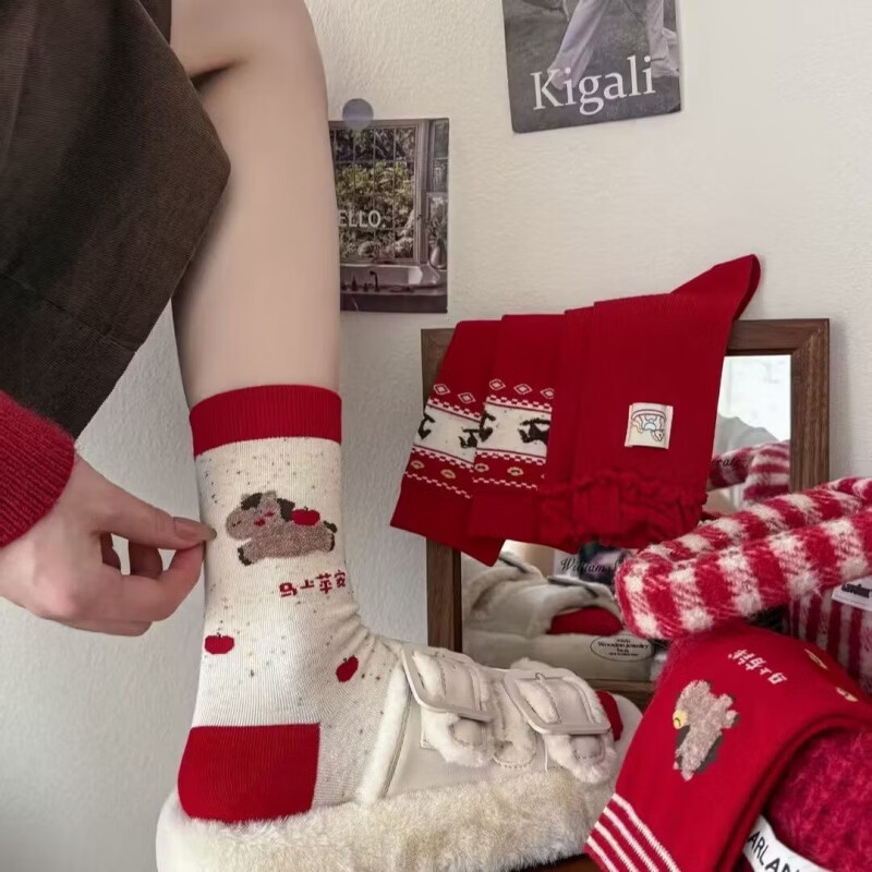 L小红书同款新年红袜AA 马上平安+马上有钱+费尔岛马3双装 秋冬红色费尔岛袜子运动ins
