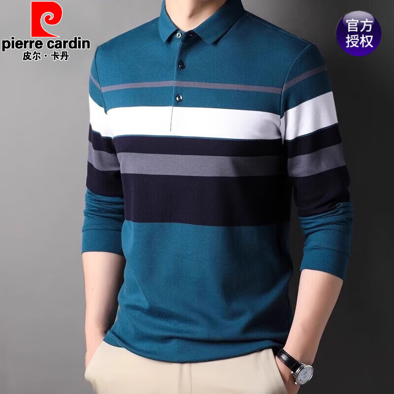 皮尔卡丹（pierre cardin）长袖T恤男中青年男装丝光棉条纹2025秋季修身休闲棉质POLO领衫 湖绿 66102 3XL 185/125 京东折扣/优惠券