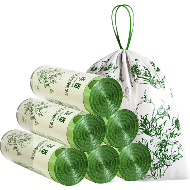 洋臣垃圾桶家用高颜值塑料抽绳垃圾袋手提式抽绳垃圾袋加厚收口 2大卷共150只【厨房专用+不满意包退】